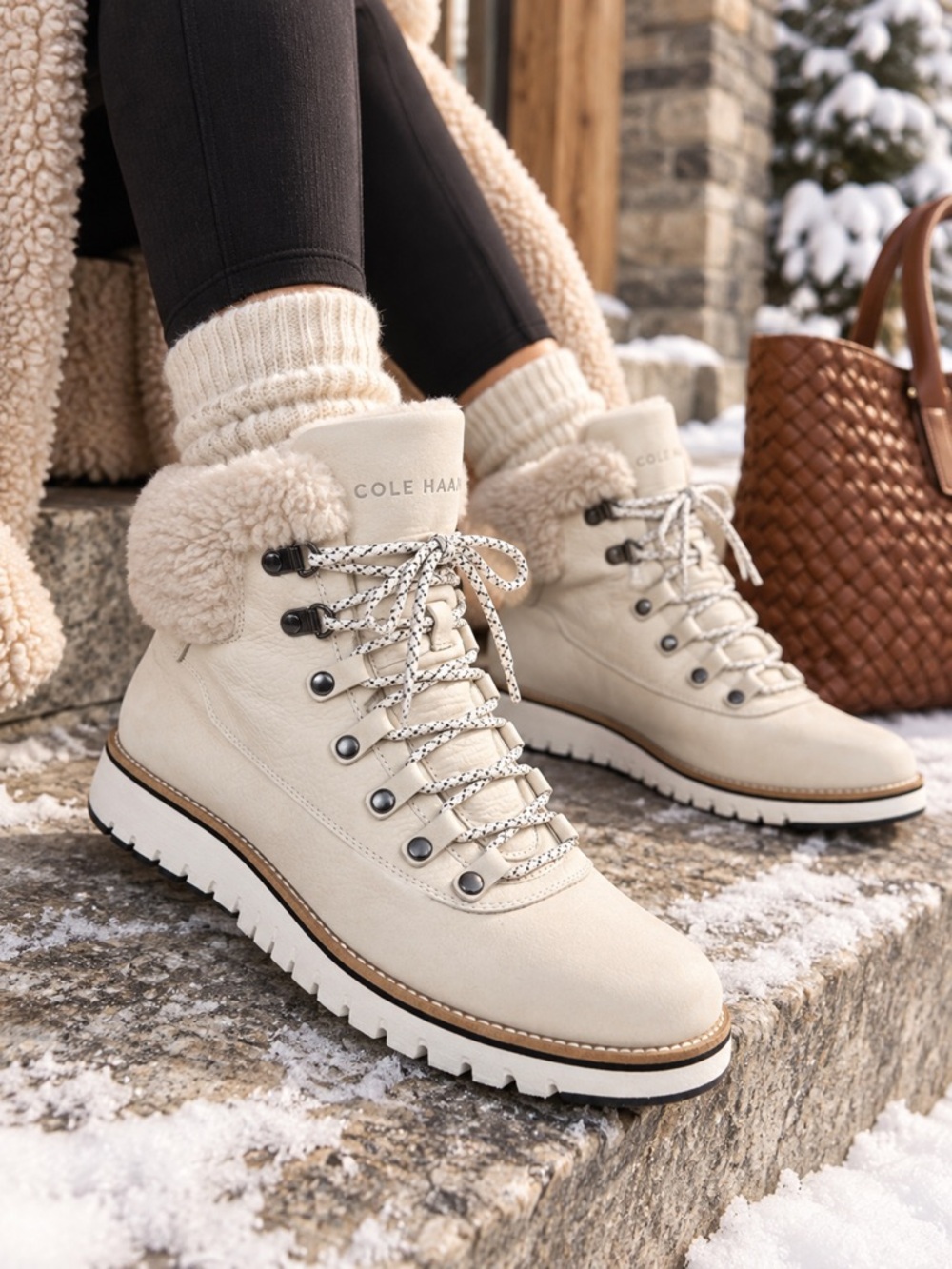 Cole Haan ZERØGRAND Explore Ivory Shearling Waterproof Hiker Boots Sz 9.5B
